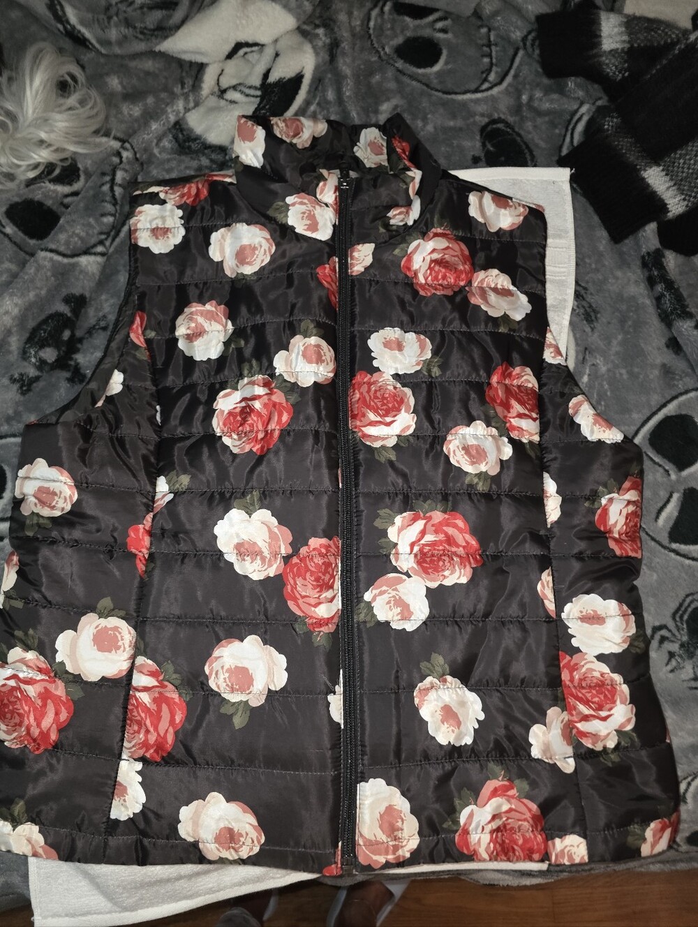 Floral Quilted Puffer Vest - Black with Red & Pink Roses L